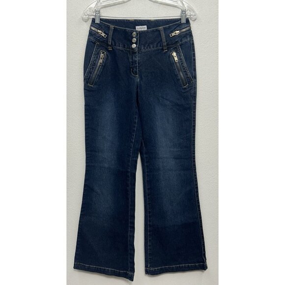 Vintage NO BOUNDARIES Juniors Jeans 7 Blue Stretch Flare Buckle Retro Y2K Grunge - Picture 1 of 9